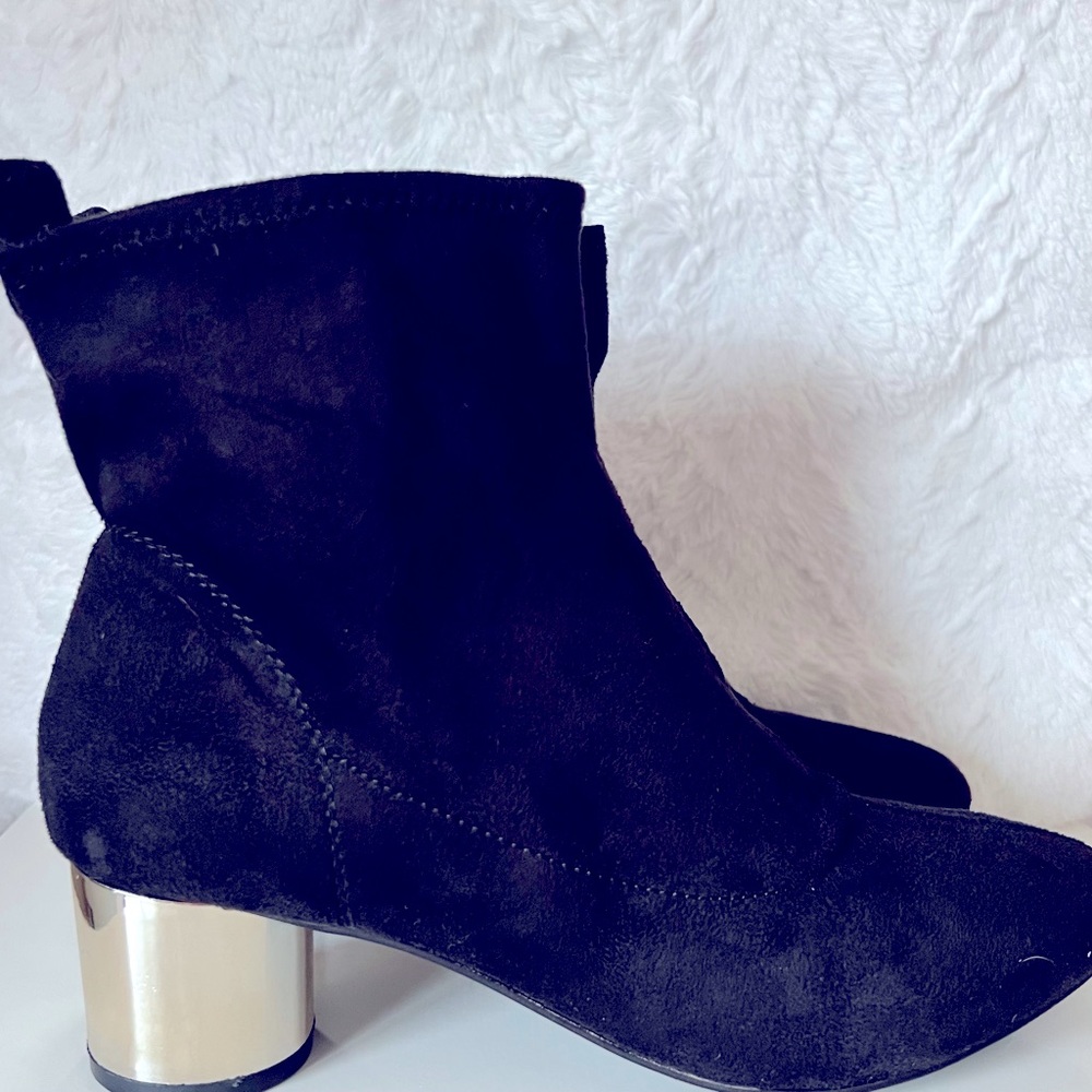Just Fab Black Faux Suede Ankle Boots with Gold Finish Heel